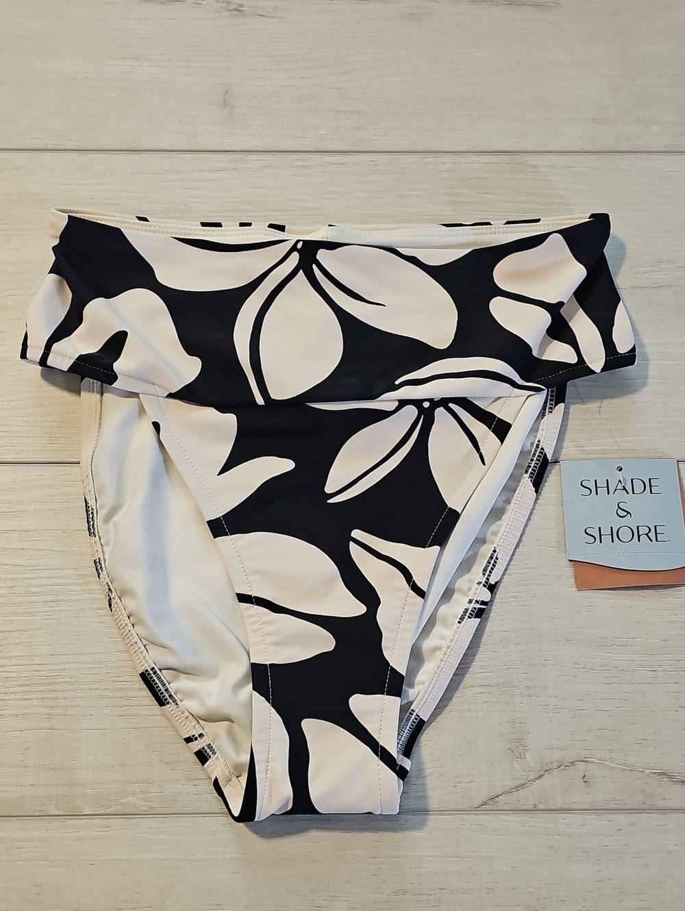 Shade & Shore Women's S Black and Cream Tropical Print High Waist Bikini Bottoms
